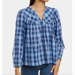 Draper James Blue Plaid V Neck Button Up Boxy Long Sleeve Blouse Sz S